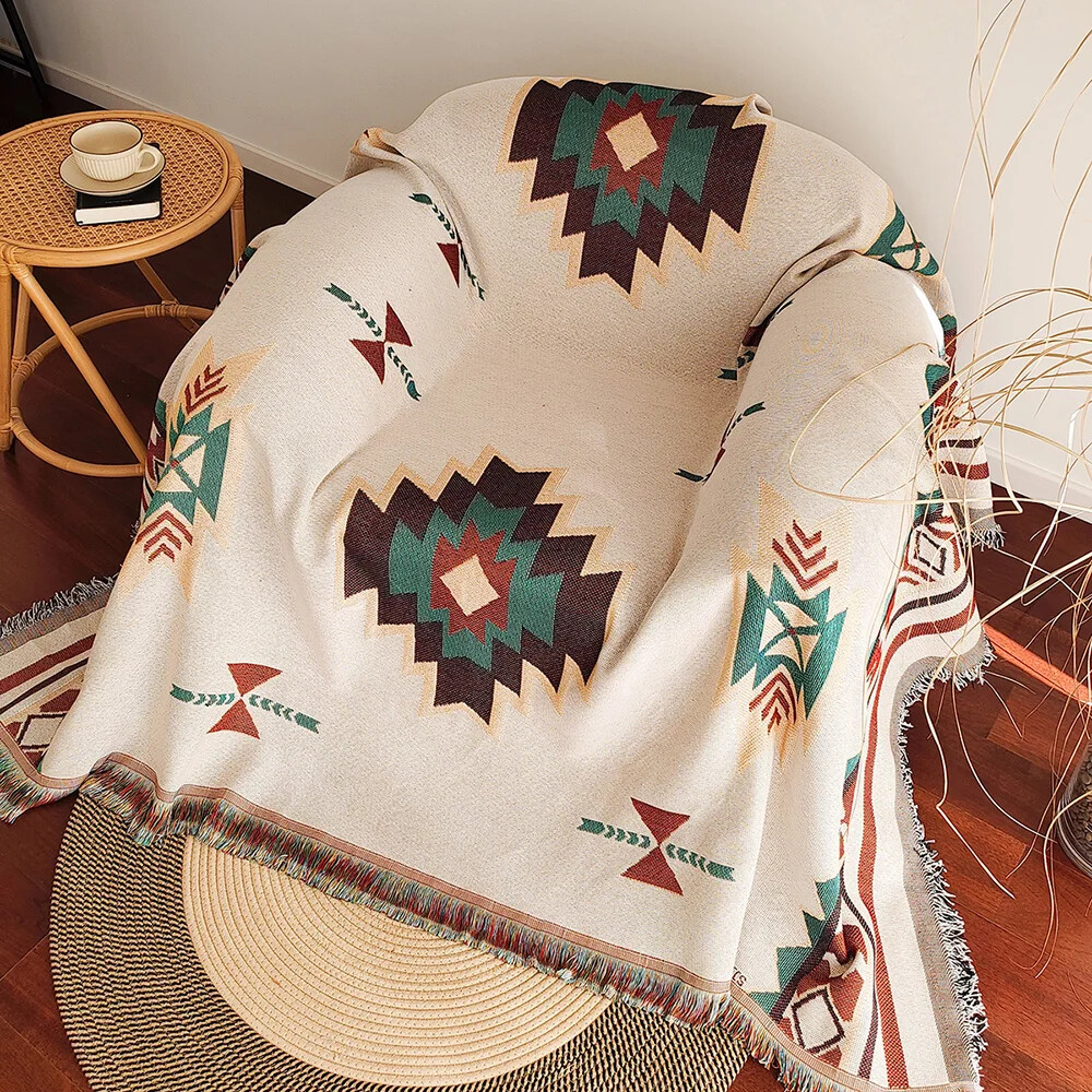 Boho Throw Blanket Fringe - ผ้าห่มโบโฮลายแอซเท็กขนาดใหญ่พิเศษ พร้อมพู่ห้อย ลายเรขาคณิตสไตล์เซาท์เวสเทิร์น สำหรับตกแต่งบ้าน