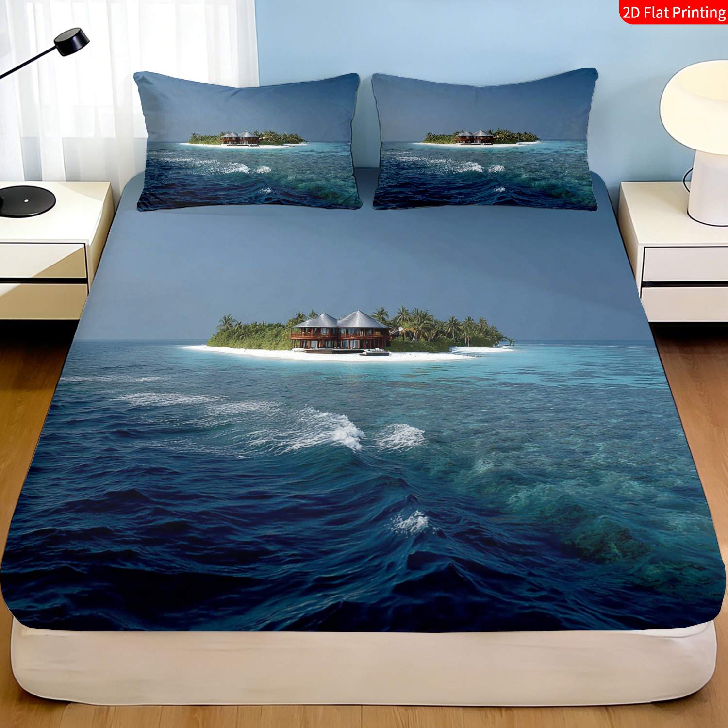 Fitted Bed Sheets Deep Pocket - ชุดเครื่องนอนลายเกาะเขตร้อน ลายต้นปาล์มและกระท่อมริมน้ำ พร้อมปลอกหมอน สีฟ้าและขาว ชุดเครื่องนอน 3