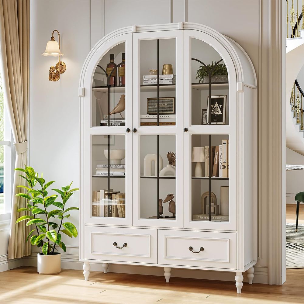 Storage & Organization - ตู้เก็บของในครัวทรงโค้งสูง 70.8 นิ้ว, ตู้เก็บของขนาดใหญ่พร้อมบานกระจก, ตู้โชว์, ชั้นวางหนังสือไม้พร้อมลิ้นชัก