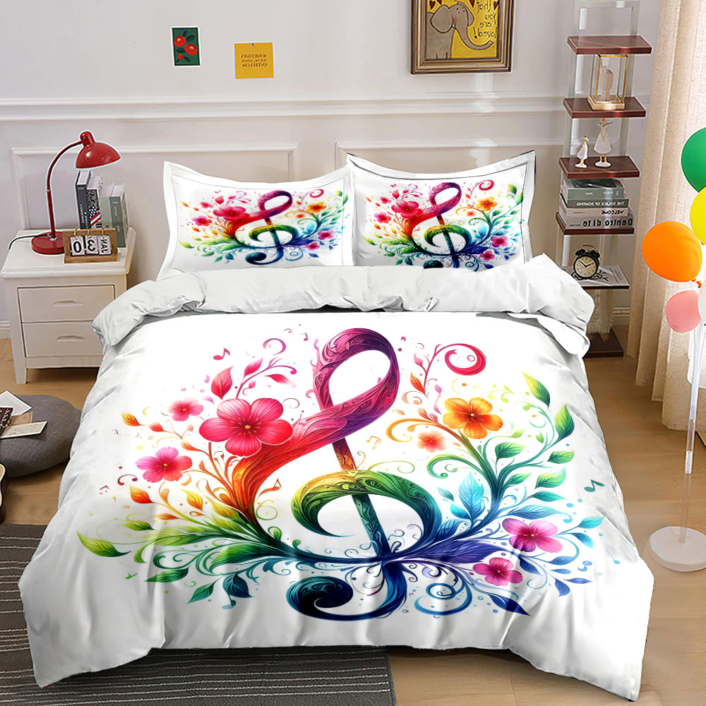 Duvet Cover Sets With Zipper - ชุดผ้าคลุมเตียงลายดอกไม้สีสันสดใสพันกันเป็นรูปโน้ตดนตรี ผ้าปูที่นอนโพลีเอสเตอร์พิมพ์ลายดิจิตอลสีสันสดใสพร้อมซิปปิด
