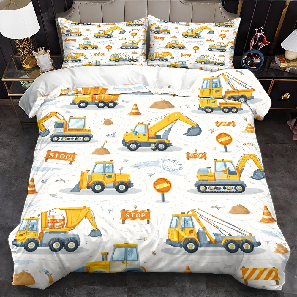 Duvet Cover Sets With Zipper - ชุดเครื่องนอนลายรถก่อสร้าง 3 ชิ้น (ปลอกผ้านวม 1 ชิ้น
