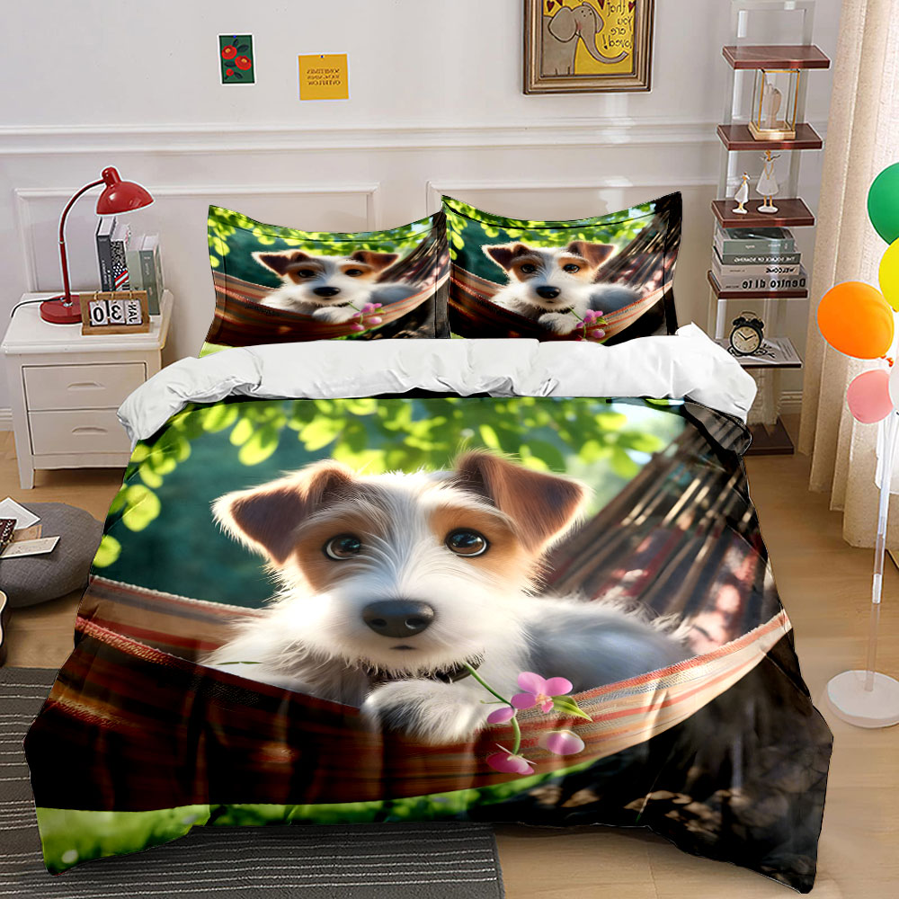 Duvet Cover Sets With Zipper - แจ็ครัสเซล เทอร์เรียร์แสนน่ารักบนเปลญวน ชุดผ้าห่มลายพิมพ์ดิจิตอล ผ้าปูที่นอนโพลีเอสเตอร์สีสันสดใสพร้อมซิปปิด ของขวัญ