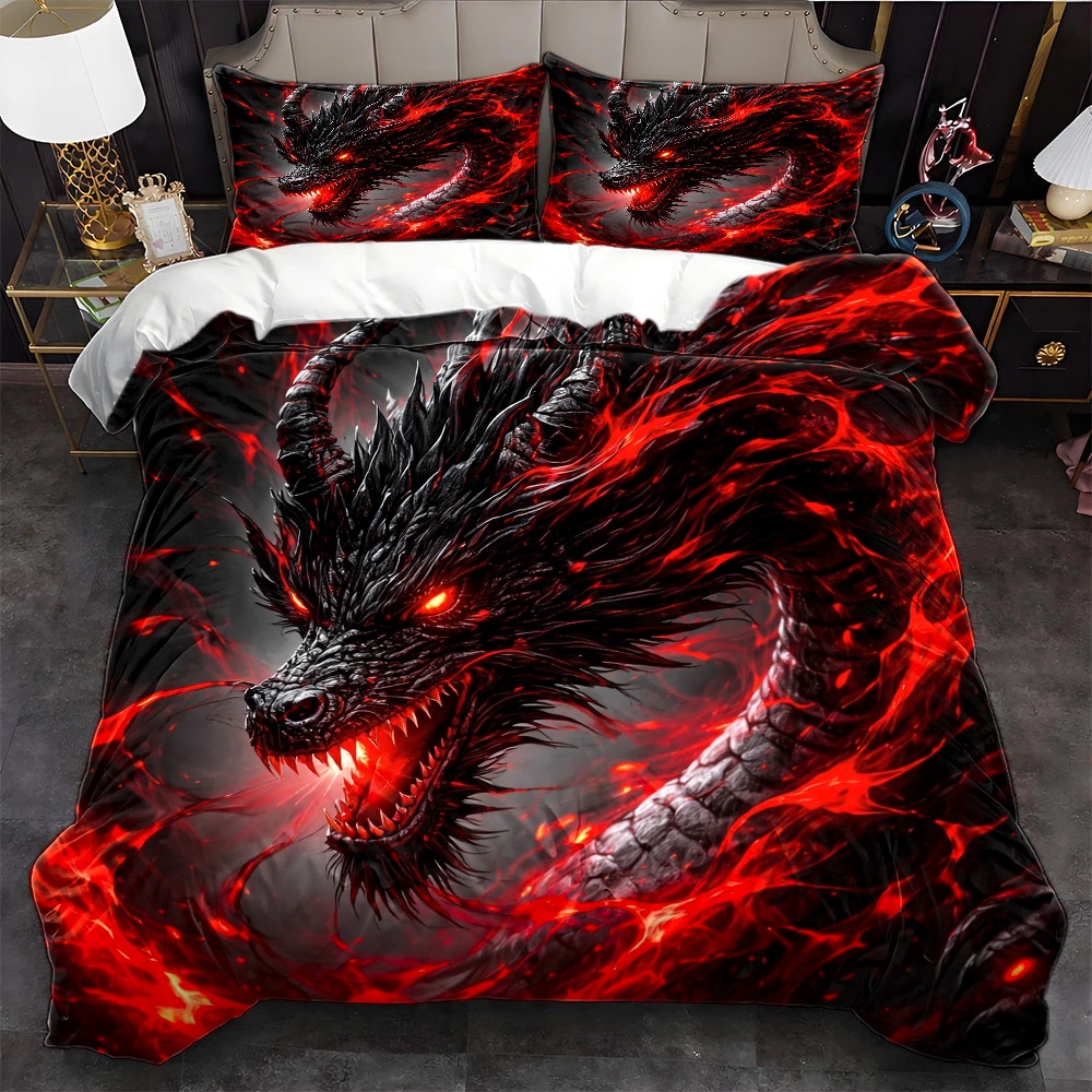 Duvet Cover Sets With Zipper - ชุดผ้าปูที่นอนลายมังกรสีเข้ม 3 ชิ้น สำหรับทุกฤดูกาล ซักเครื่องได้ พร้อมปลอกหมอน