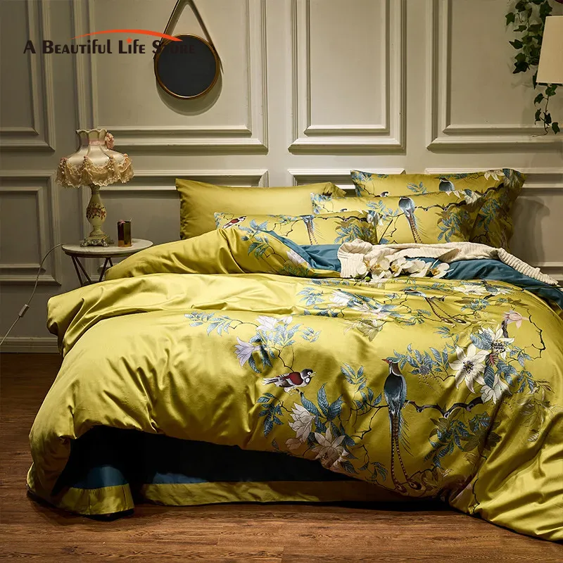 Aesthetic Floral Duvet Cover - ชุดเครื่องนอนผ้าฝ้ายอียิปต์600TC หรูหราดอกไม้นกพิมพ์ดิจิตอลปกผ้านวมผ้าปูเตียงผ้าปูที่นอนผ้าปูที่นอนเข้ารูปปลอกหมอน